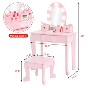 GarveeHome Kids' Vanity Set with Mirror and Light, Makeup Table and Stool for Girls, Vanity Table and Chair Set with Wood Makeup Playset for 4-9 Girls, Pink （Batteries Not Included）