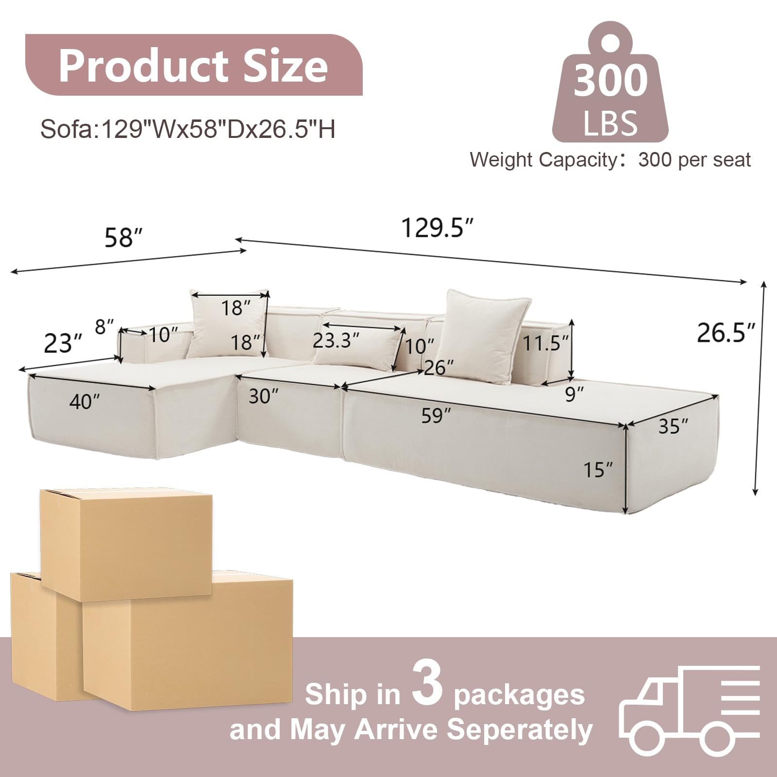 HZANHY 129" Modular Sectional Sofa Couch, L-Shape Upholstered Cloud Couch, Modern Minimalist Couches for Living Room, Deep Seat Corner Couch, Right Facing Chaise