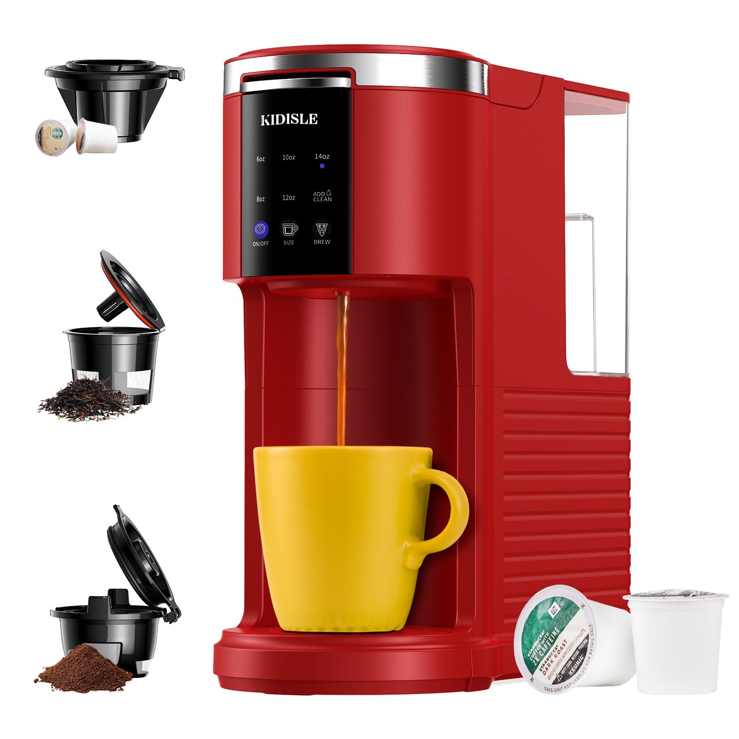 KIDISLE Single Serve Coffee Machine, 3 in 1 Pod Coffee Maker for K Cup Pods & Ground Coffee & Teas, 6 to 14oz Brew Sizes, with 40oz Removable Water Reservoir, Descale Settings, Red