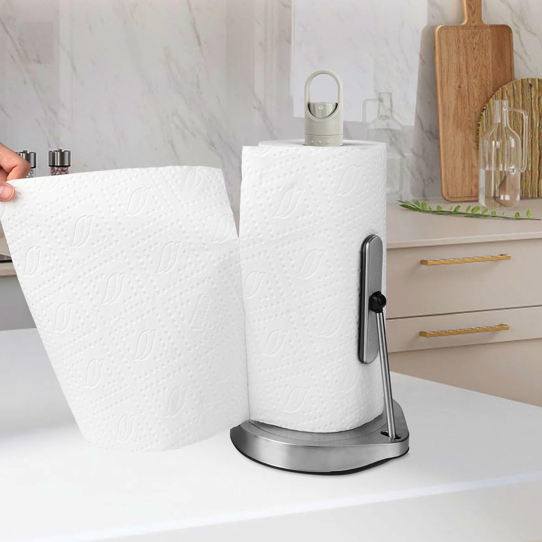 AIDEA Paper Towel Holder with Spray Bottle, Kitchen Towel Holder for Countertop, Spring Arm for Easy Tear, One-Handed Stainless Steel Paper Towel Dispenser with Weighted Base, Silver