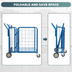 Yeeoy Steel Stock Cart Hand Truck with Side Walls, Heavy Duty Foldable Industrial Utility Dolly Portable Panel Trolley with 360° Swivel Wheels for Garage Warehouse Factory丨750 Lbs Capacity, Blue