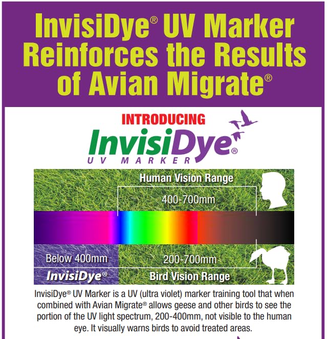 Goose Repellent UV Marker, Goose and Bird Detterent for Avian Migrate, Improves The Longevity of The Avian Migrate, Trains Geese and Birds to Avoid Areas, Invisidye (Two 8 oz Bottles)