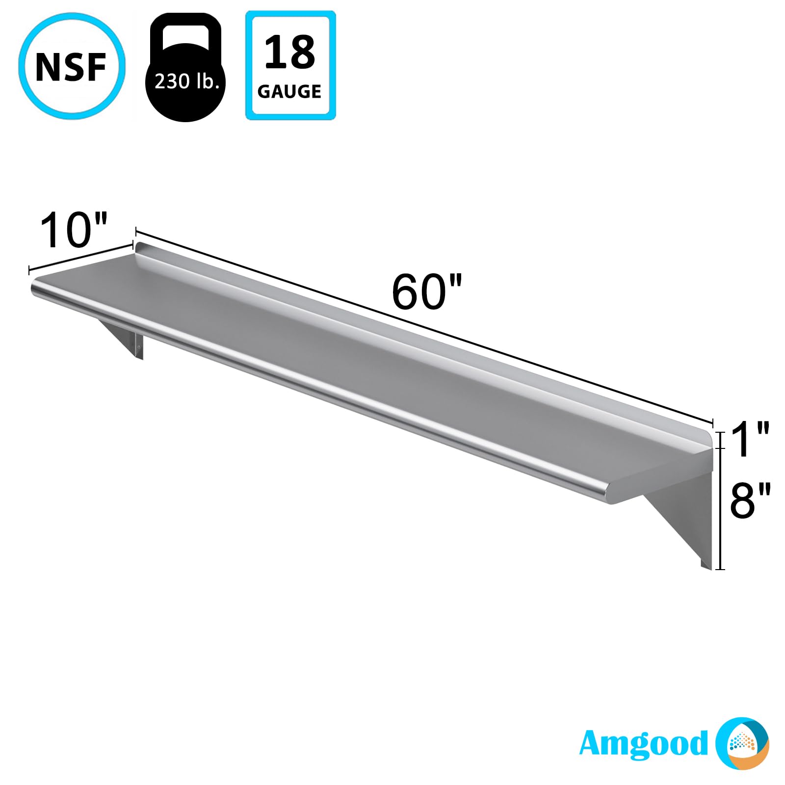 AmGood 10" X 60" Stainless Steel Wall Shelf | NSF | Metal Shelving | Garage, Laundry, Storage, Utility Room | Restaurant, Commercial Kitchen