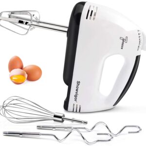 Showvigor 7-Speed Hand Mixer, 5-Piece Set, 2 Stainless Steel Dough Hooks, 2 Stirrers, 1 Traditional Whisk, Hand Mixer Electric Handheld for Stirring Meat, Dough, Eggs, Dishwasher Safe(White)