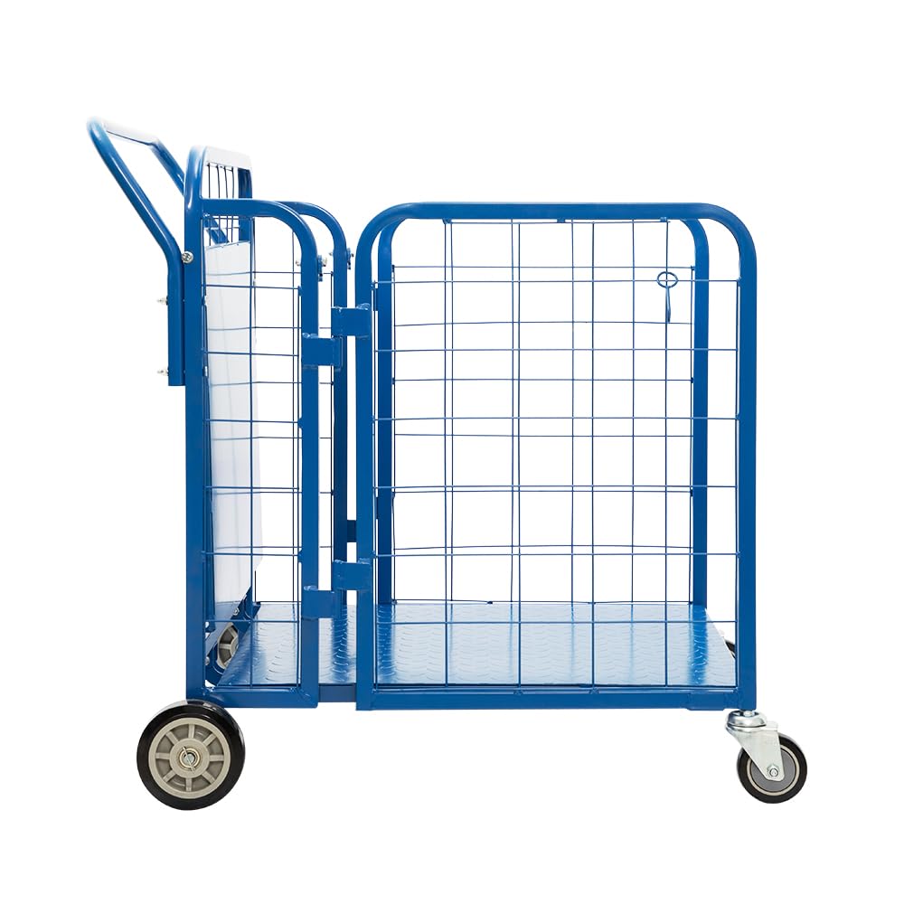 Yeeoy Steel Stock Cart Hand Truck with Side Walls, Heavy Duty Foldable Industrial Utility Dolly Portable Panel Trolley with 360° Swivel Wheels for Garage Warehouse Factory丨750 Lbs Capacity, Blue