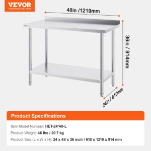 VEVOR 24 x 48 x 36 Inch Stainless Steel Work Table, Commercial Food Prep Worktable Heavy Duty Prep Worktable, Metal Work Table with Adjustable Height for Restaurant, Home and Hotel