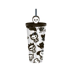 silver buffalo sanrio hello kitty and friends spooky halloween plastic cold cup with lid and straw topper featuring hello kitty, badtz maru, purin, keroppi, and chococat, 24 ounces