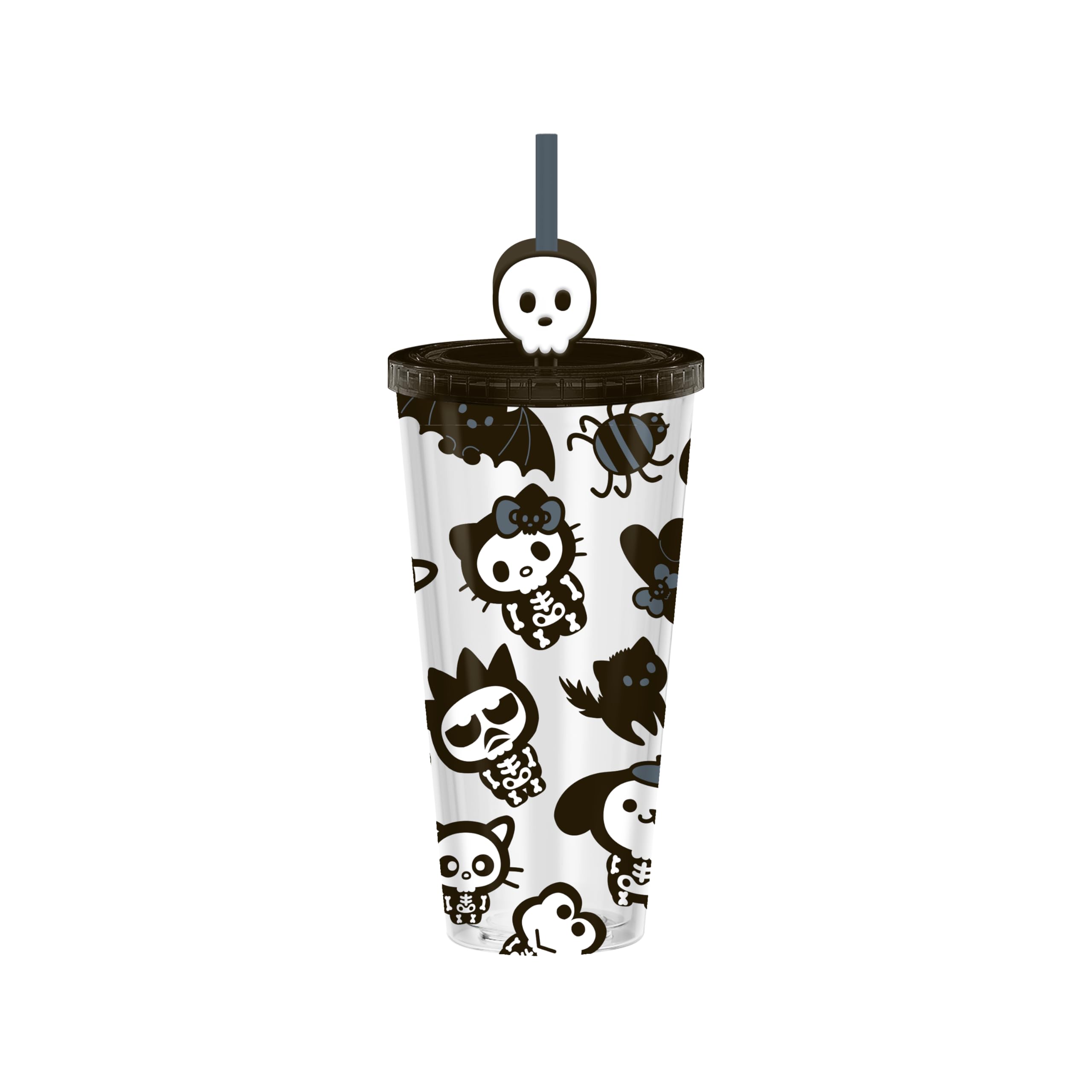 Silver Buffalo Sanrio Hello Kitty And Friends Spooky Halloween Plastic Cold Cup with Lid and Straw Topper Featuring Hello Kitty, Badtz Maru, Purin, Keroppi, and Chococat, 24 Ounces