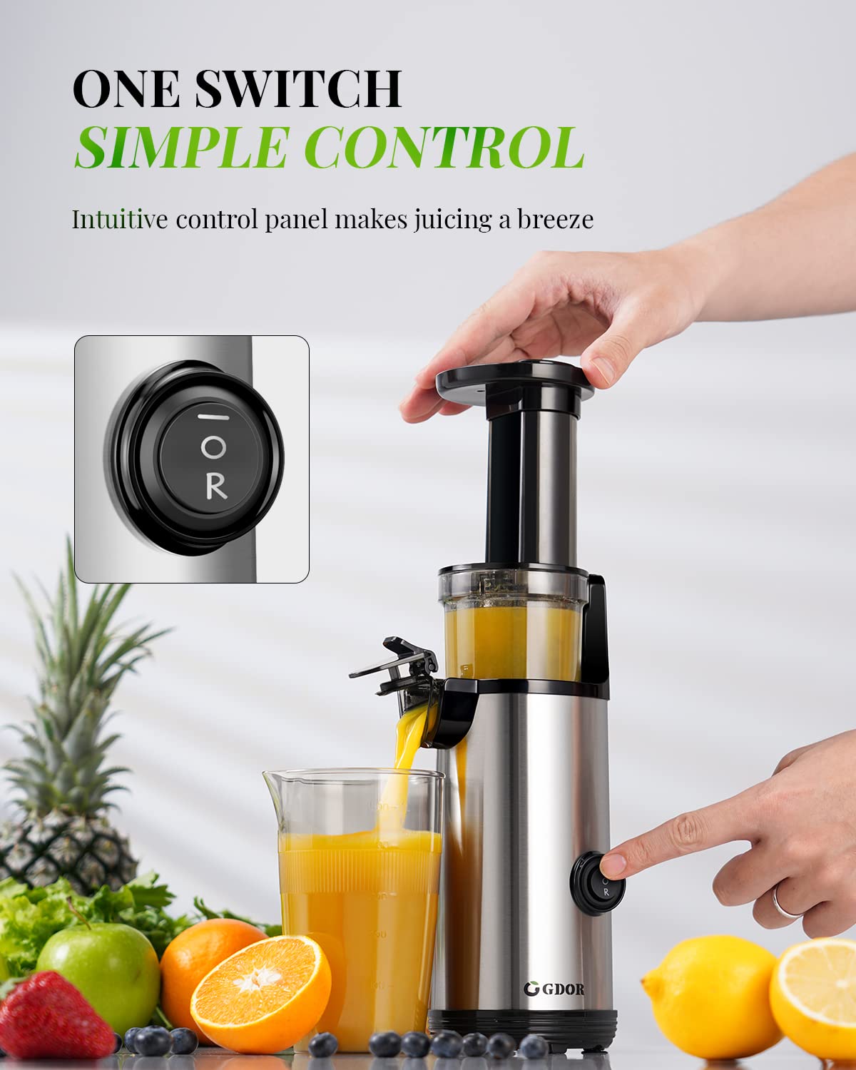 GDOR Compact Juicer Machines, Cold Press Juicer for Fruits & Vegetables, Masticating Juicer with 60NM DC Motor, Slow Juicer with Low Noise, 20 Oz Juice Cup, Easy to Clean, BPA-free,Silver