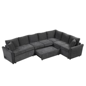 Livavege Convertible Sleeper Sectional Sofa with Pull-Out Bed and Storage Space & Ottoman, Armrest w/USB Ports & Cup Holders, Corner 6 Person L-Shape Couch for Living Room, Office, Apartment