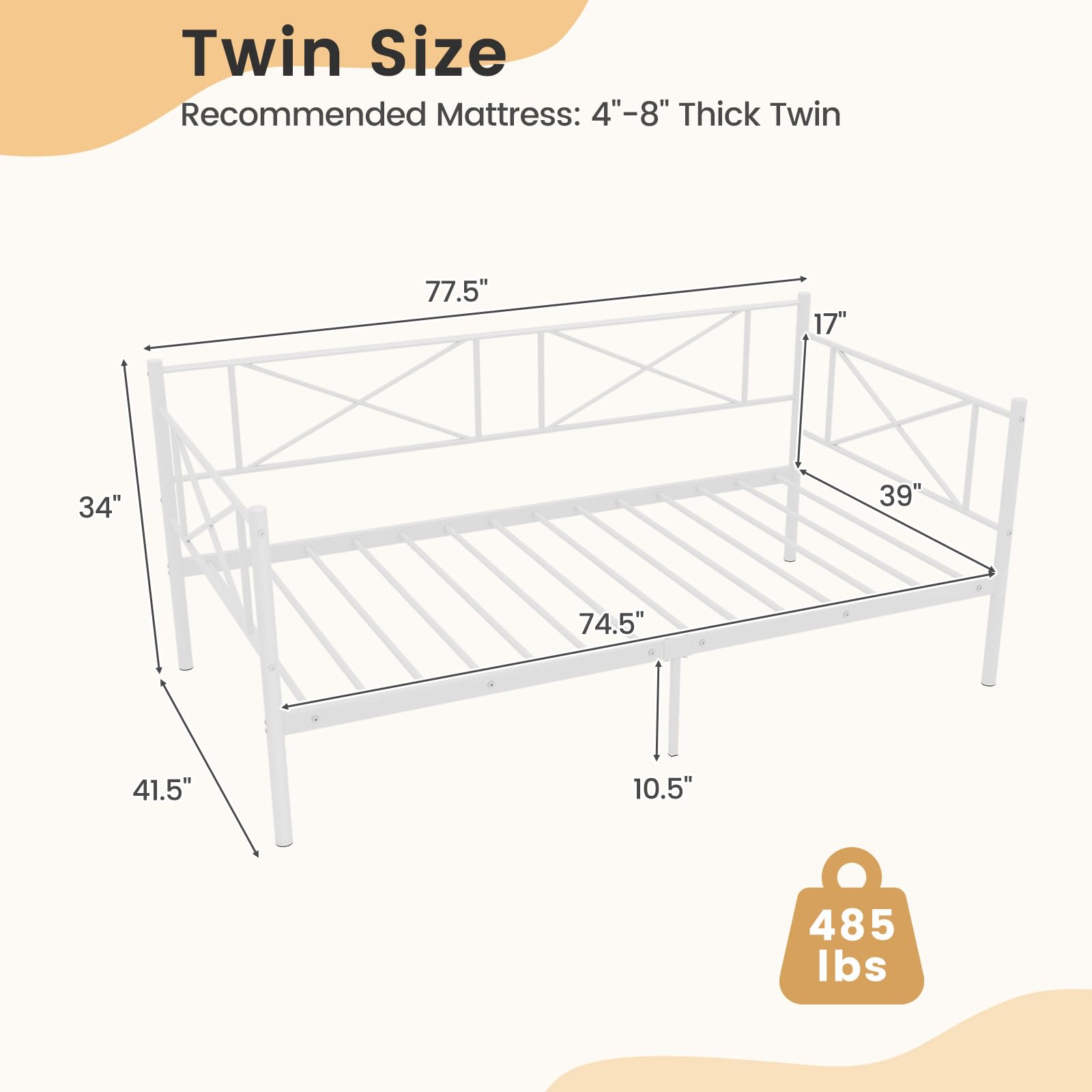 Giantex Daybed Frame, Twin Size Metal Day Bed with Heavy-Duty Metal Slat Support, Space-Saving Sofa Daybed with Headboard, Modern Twin Daybed for Guest Room Living Room Bedroom (White)