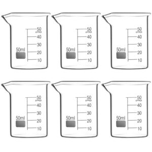 qwork sturdy glass beaker set, 1.7oz (50ml), pack of 6, 3.3 borosilicate griffin low form with printed graduations and large marking spot