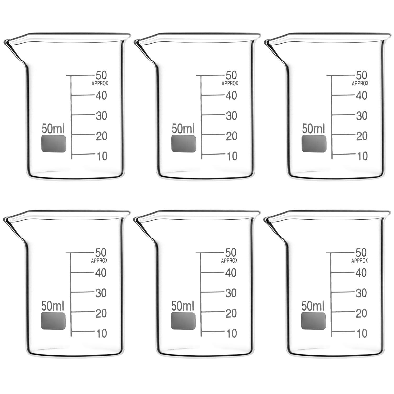 QWORK Sturdy Glass Beaker Set, 1.7oz (50ml), Pack of 6, 3.3 Borosilicate Griffin Low Form with Printed Graduations and Large Marking Spot