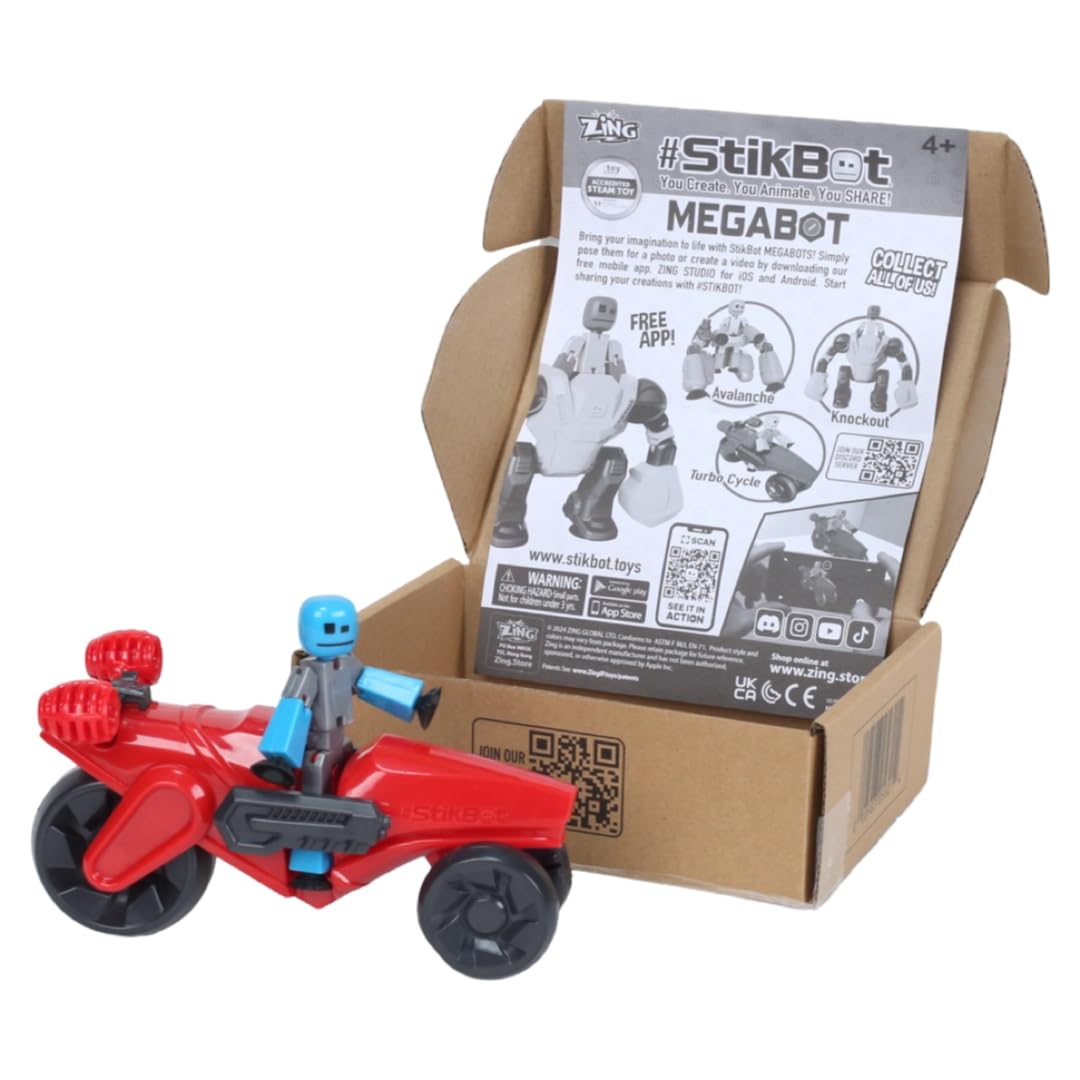 Zing Stikbot Megabots - Red (Turbo Cycle) Stikbot Poseable Collectible Stop Motion Action Figures and Mega Vehicles