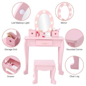 GarveeHome Kids' Vanity Set with Mirror and Light, Makeup Table and Stool for Girls, Vanity Table and Chair Set with Wood Makeup Playset for 4-9 Girls, Pink （Batteries Not Included）