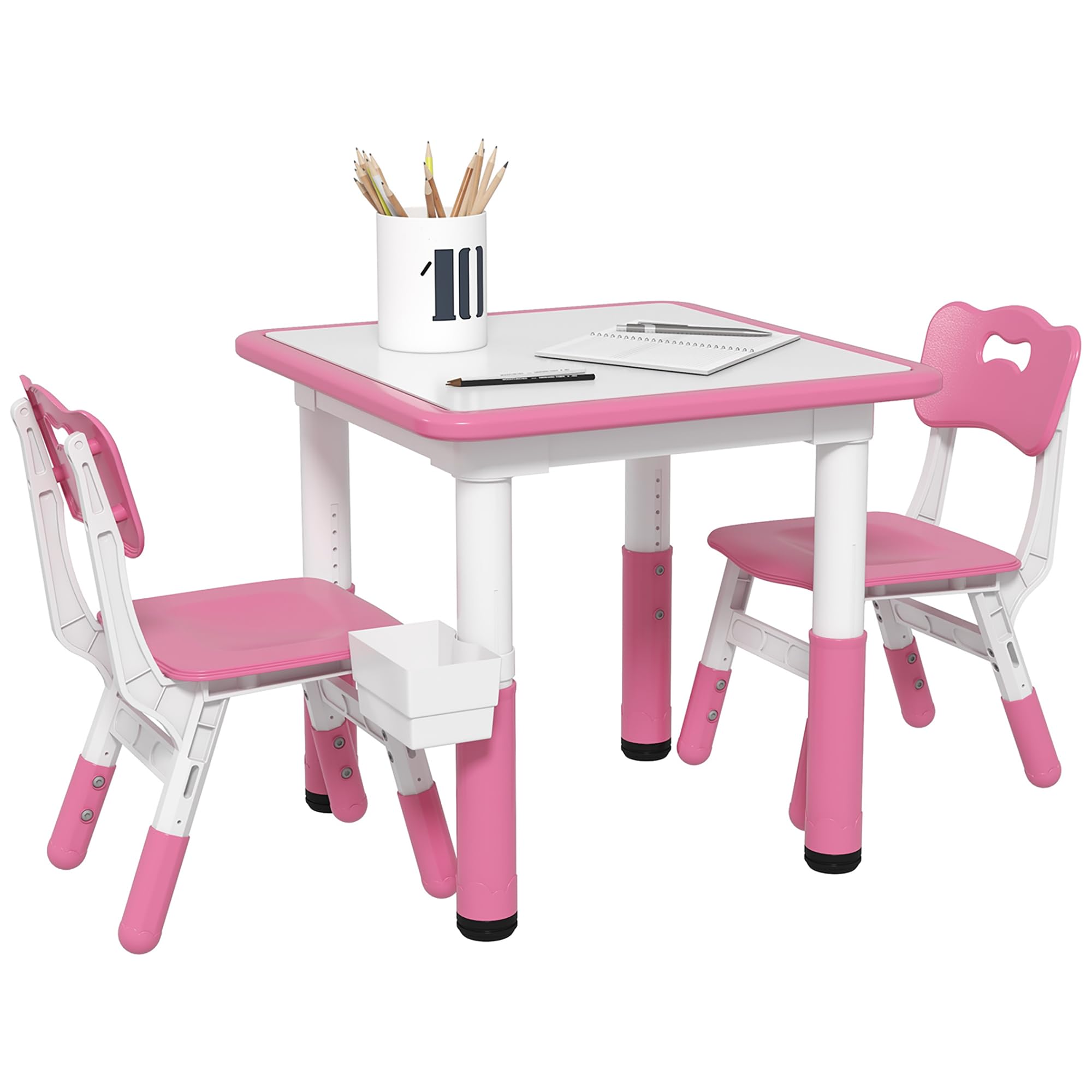 Qaba 3 Pieces Kids Table and Chairs, Height Adjustable Toddler Table and Chair Set with Storage, Easy to Wipe, Activity Table 2 Chairs for Classroom, for Daycare Classroom, 18 Months-5 Years, Pink