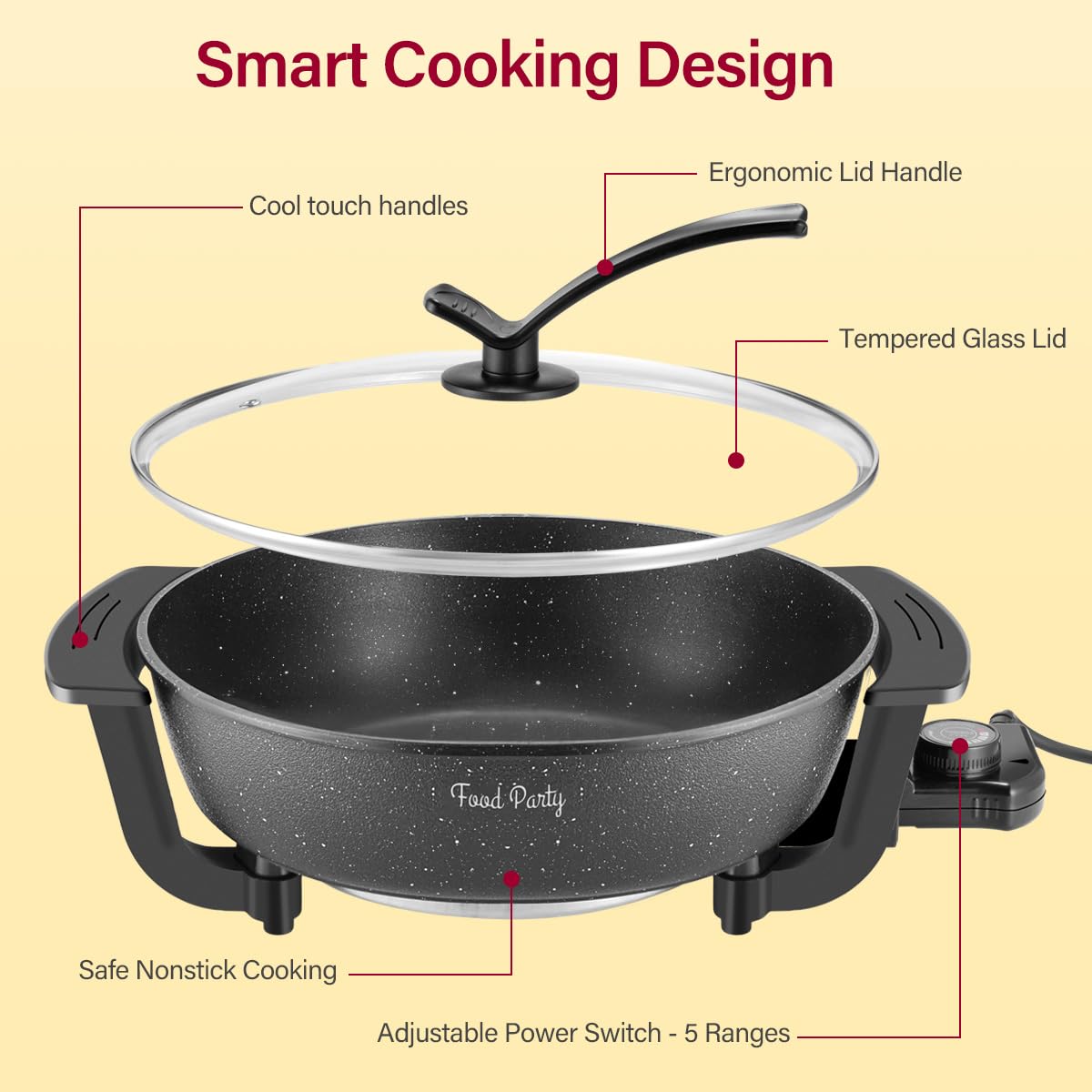 Food Party Electric Hot Pot Skillet Hotpot Pot Electric Cooker Shabu Shabu Pot 110V Non-Stick 6L BPA FREE Fondue Chinese Hot Pot