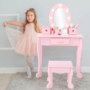 garveehome kids' vanity set with mirror and light, makeup table and stool for girls, vanity table and chair set with wood makeup playset for 4-9 girls, pink （batteries not included）