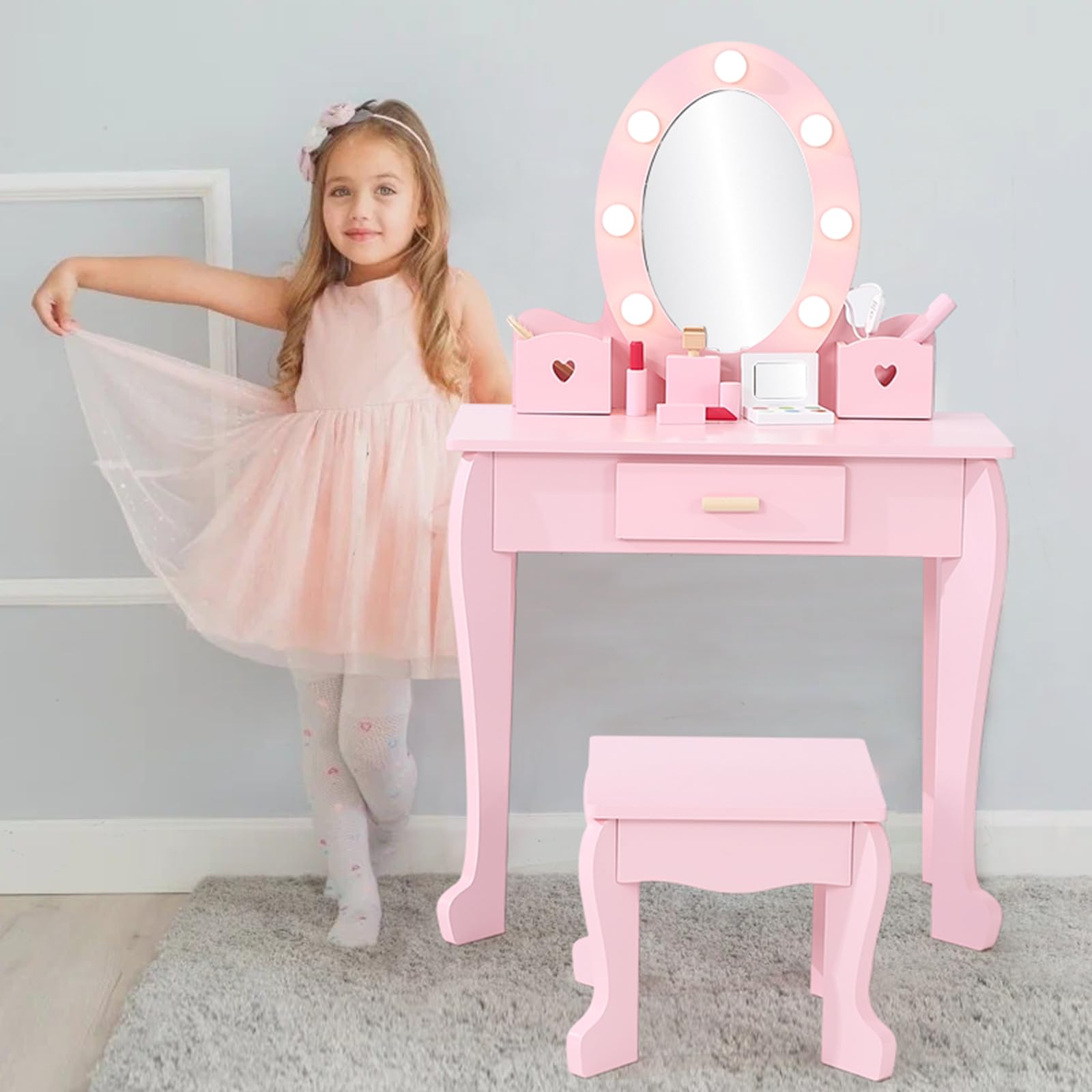 GarveeHome Kids' Vanity Set with Mirror and Light, Makeup Table and Stool for Girls, Vanity Table and Chair Set with Wood Makeup Playset for 4-9 Girls, Pink （Batteries Not Included）