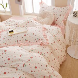 MKXI Strawberry Comforter Set Queen Size Pink White Floral Comforters Kawaii Fruits Artistic Bedding Set Princess Bed Comforter with Ruffles Girls Pink Flowers Bedding Comforter Duvet Set