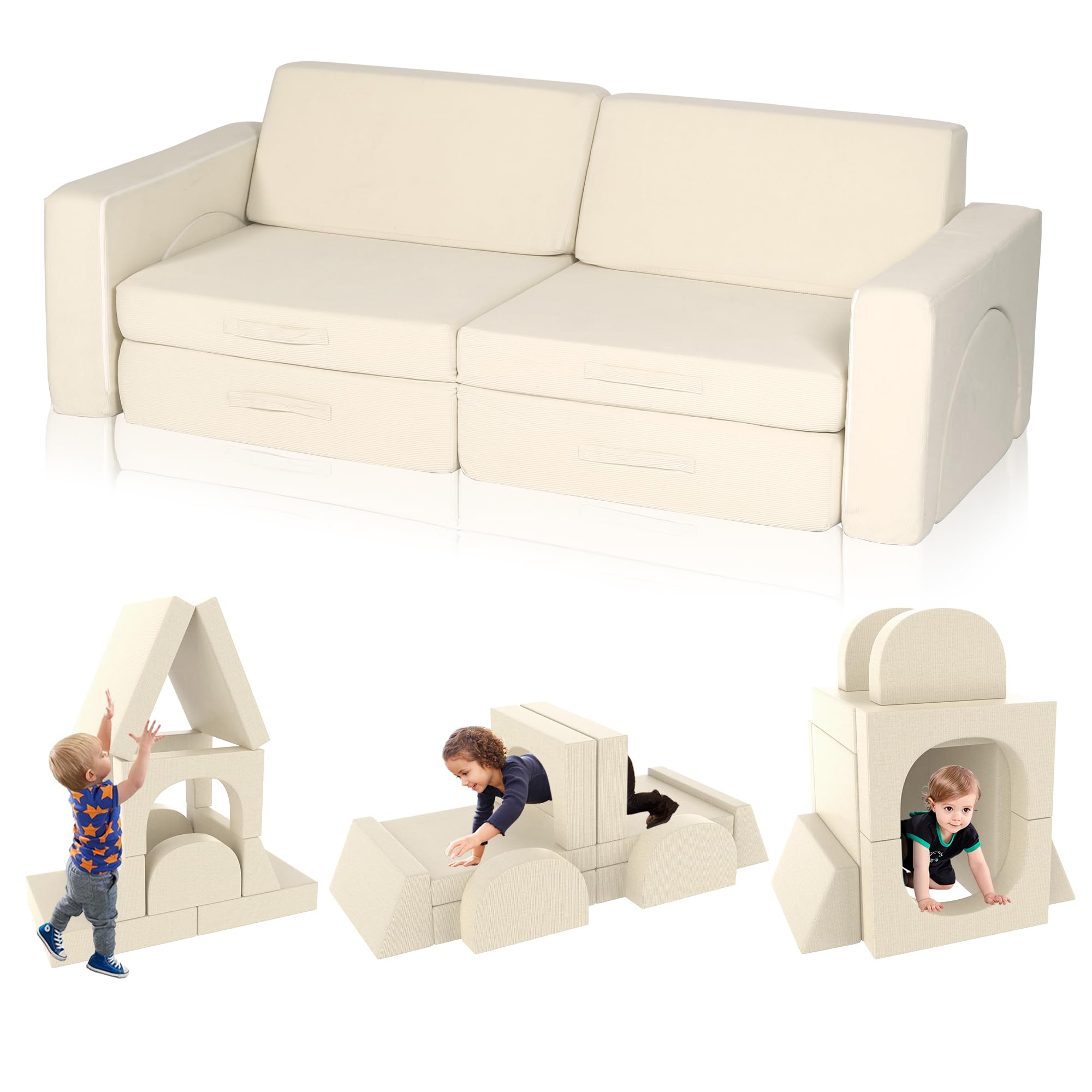 CATMIX Modular Kid Play Couch, 10PCS Kids Couch Sectional Sofa Soft & Stylish Toddler for Playroom Bedroom, Kids Adults, Floor Foam Sofa for Boys and Girls (Beige)