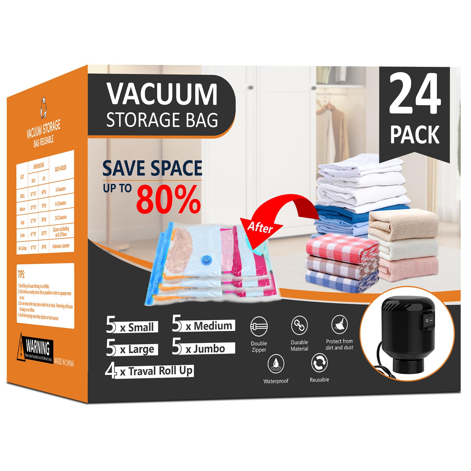 24 Pack Vacuum Storage Bags, Space Saver Bags, Compression for Comforters and Blankets, Plush Toy, Sealer Clothes Storage (5 Jumbo/5 Large/5 Medium/5 Small/4 Roll) Electric Vacuum Pump Included