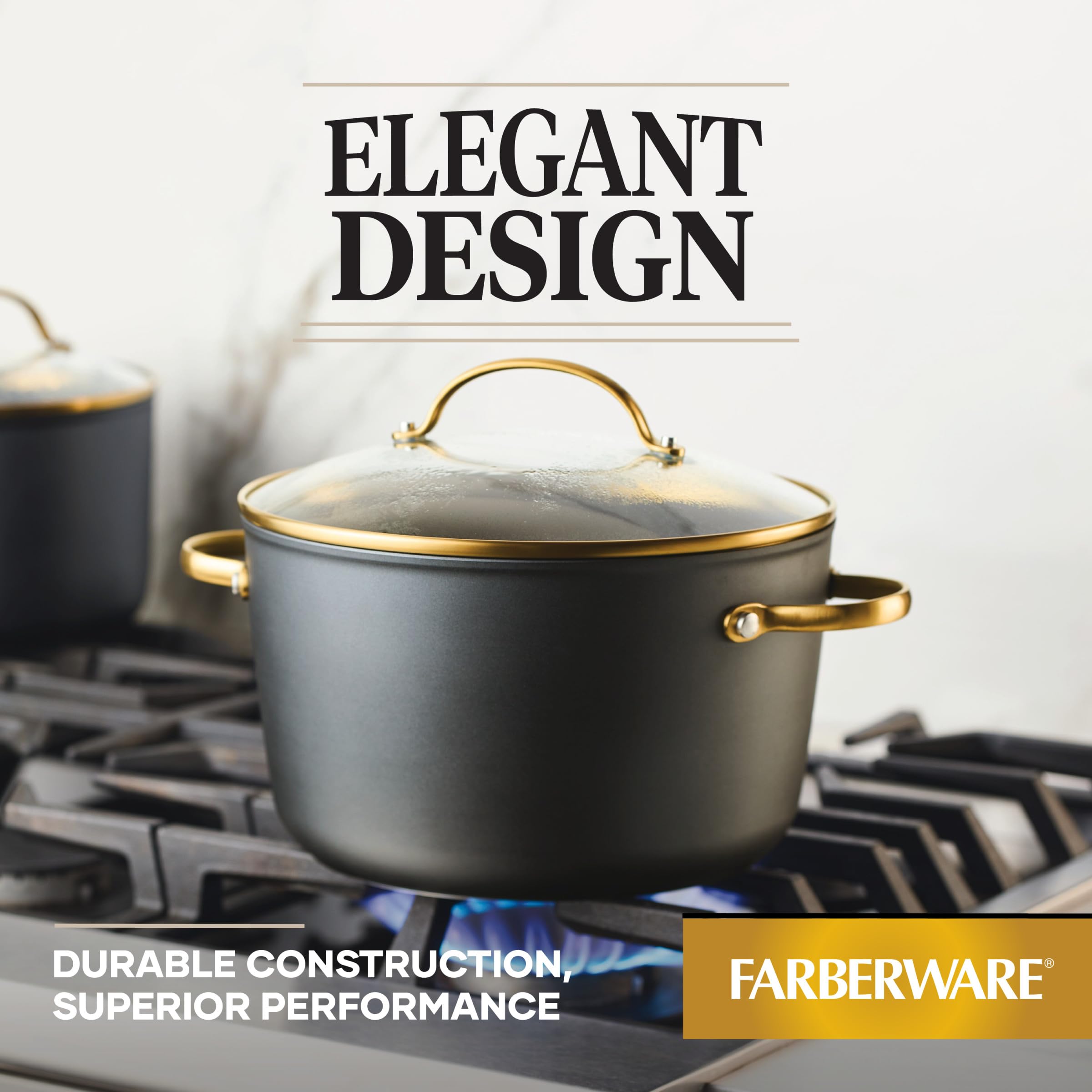 Farberware Forged Induction Ceramic Nonstick Cookware Stockpot with Lid, Dishwasher Safe, Suitable for All Stovetops, 6 Quart Soup Pot, Stockpot - Black and Gold