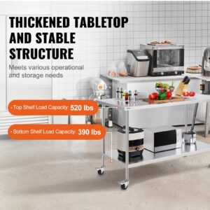 VEVOR Stainless Steel Work Table 30 x 60 x 38 Inch, with 4 Wheels, 3 Adjustable Height Levels, Heavy Duty Food Prep Worktable for Commercial Kitchen Restaurant, Silver