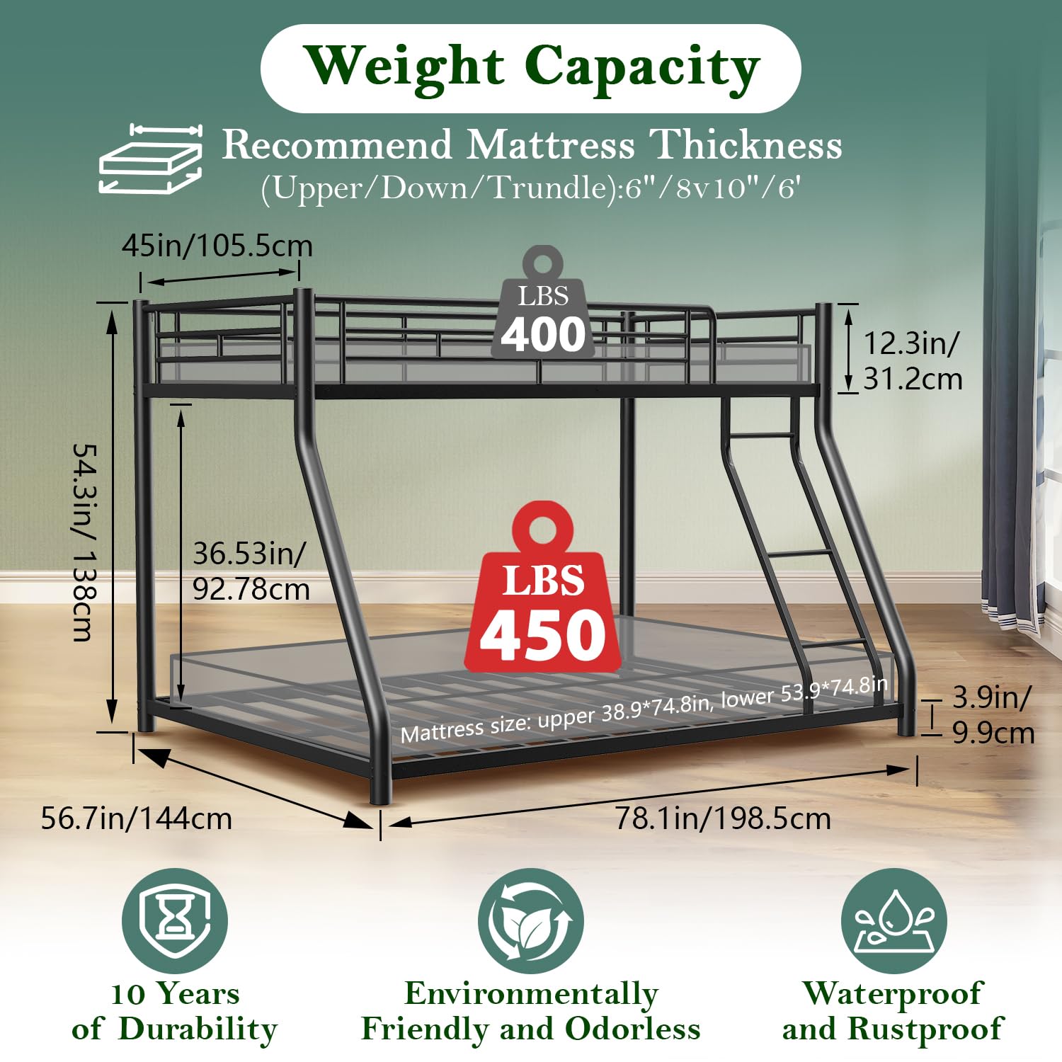 Cyranture Bunk Bed Twin Over Full Size, Twin Over Full Bunk Beds with Ladder & Guardrail Heavy Duty Bunk Beds Frame for Teens Adults Dorm Bedroom Guest Room, No Box Spring Needed, Black