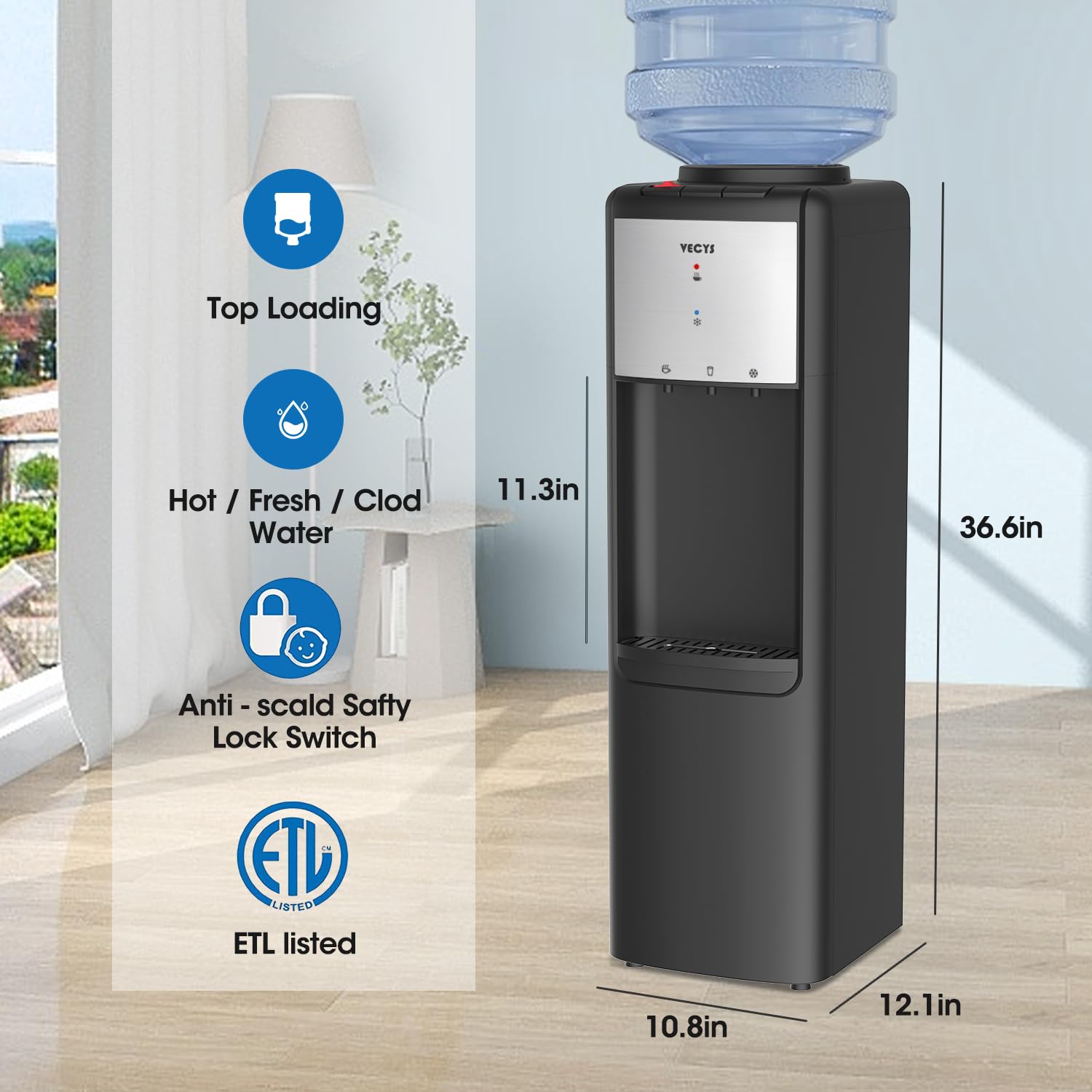 VECYS Hot and Cold Top Load Water Cooler Dispenser, 3 or 5 Gallon with Child Safety Lock, Built-in Refrigerating Compressor and 304 Stainless Steel Water Tank