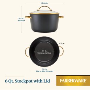 Farberware Forged Induction Ceramic Nonstick Cookware Stockpot with Lid, Dishwasher Safe, Suitable for All Stovetops, 6 Quart Soup Pot, Stockpot - Black and Gold