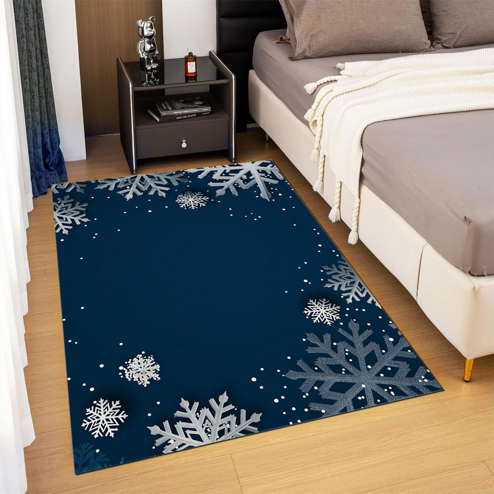 Washable Area Rugs 4x6 ft Carpet, Cartoon Style Snowflake Stripes Print Rugs Dark Blue Stain & Water Resistant Non-Slip, Pet & Child Friendly, Perfect for Living Room, Bedroom, Kids Room