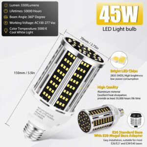 45W 2 pack LED Corn Light Bulb,400W Equivalent 5000K Commercial Grade Daylight E26/E39 6000LM Medium Mogul Base LED Lamp,Large Area Lights For Outdoor Indoor Garage Warehouse street Factory Bay Light