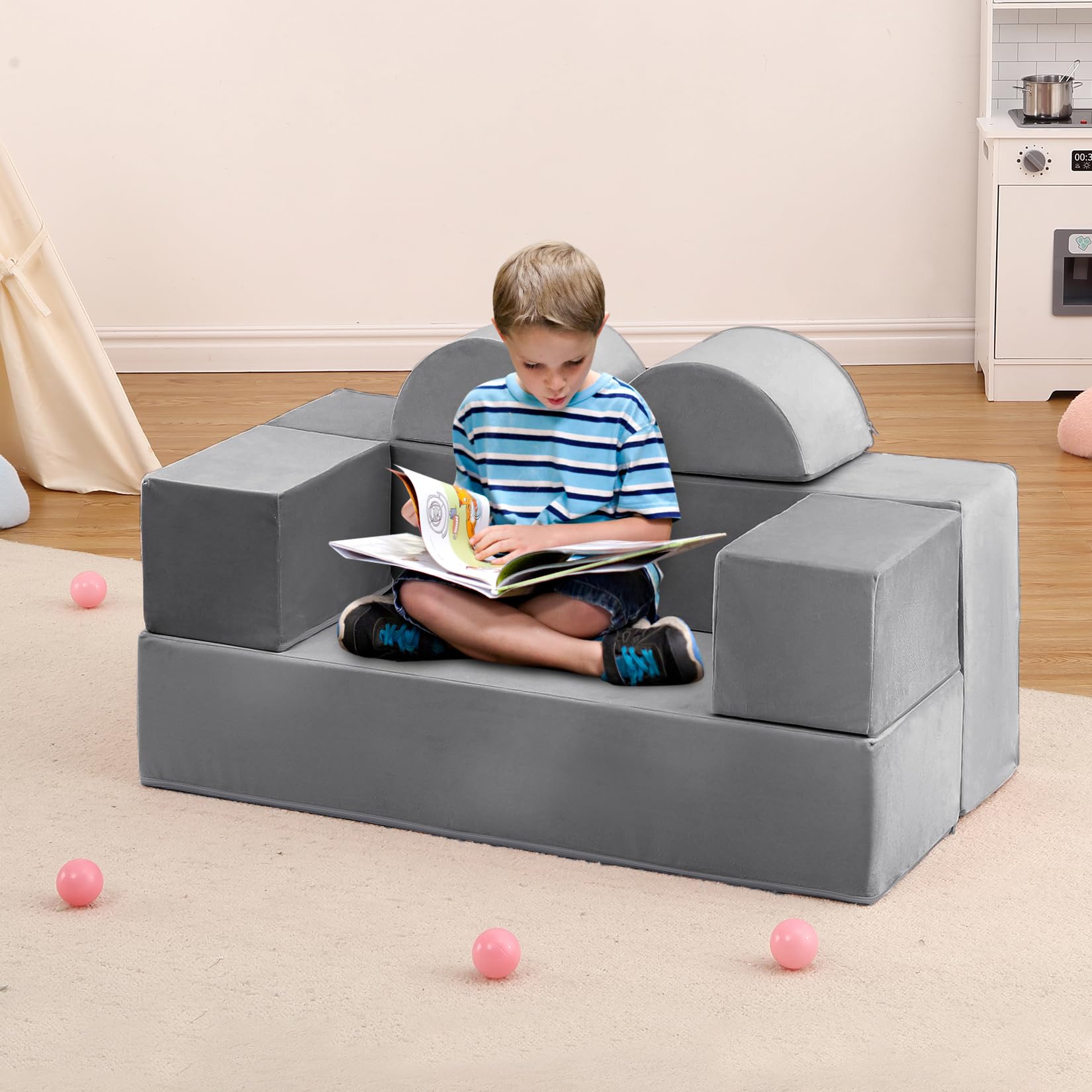 GarveeHome Kids Play Couch, 6Pcs Modular Kids Play Sofa for Playroom Bedroom, Kids Modular Couch Toddler Foam Sofa, Kids Convertible Sofa with Removable Cover, Dark Grey