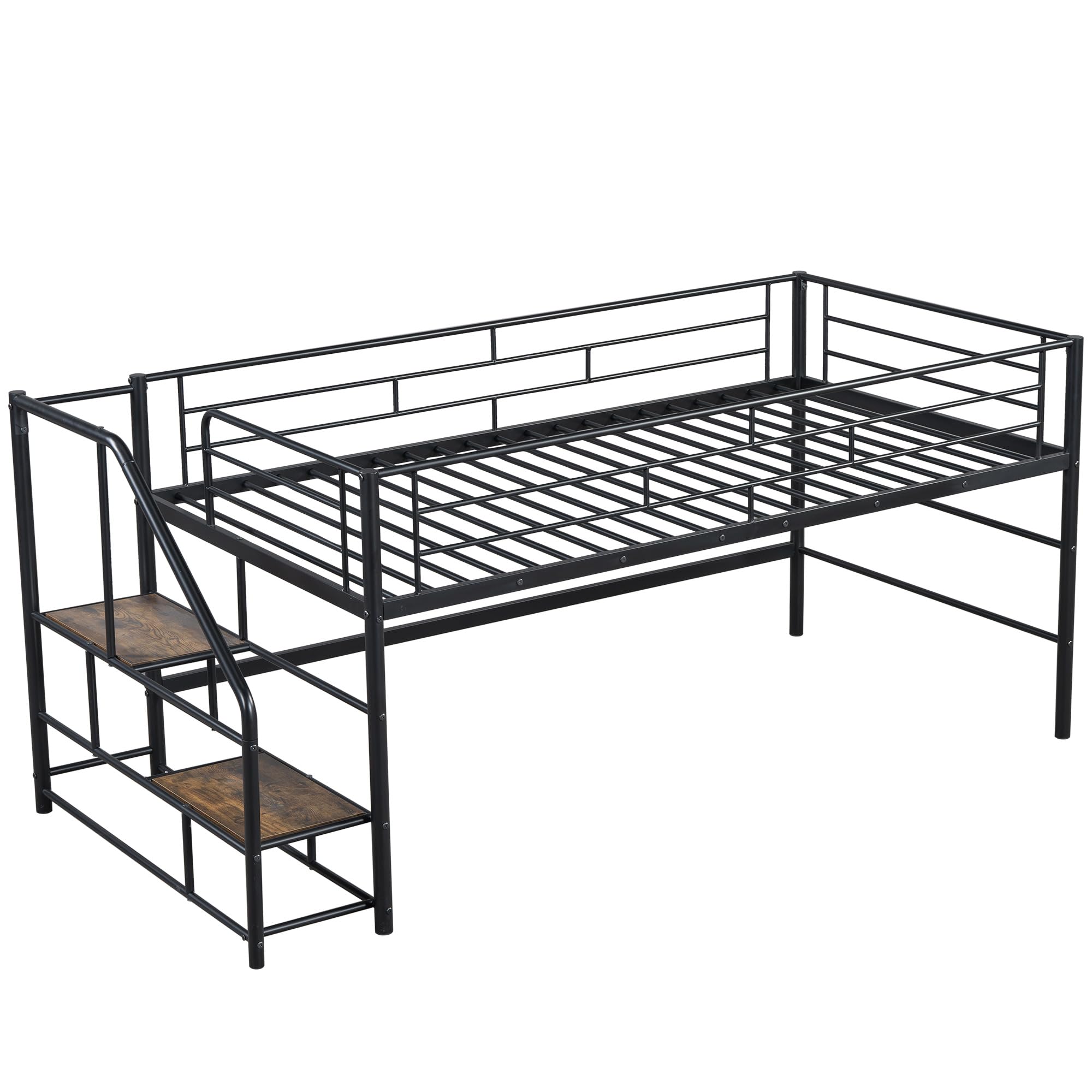 Merax Metal Low Loft Bed Frame with Full Length Guardrails, Easy Assemble Black