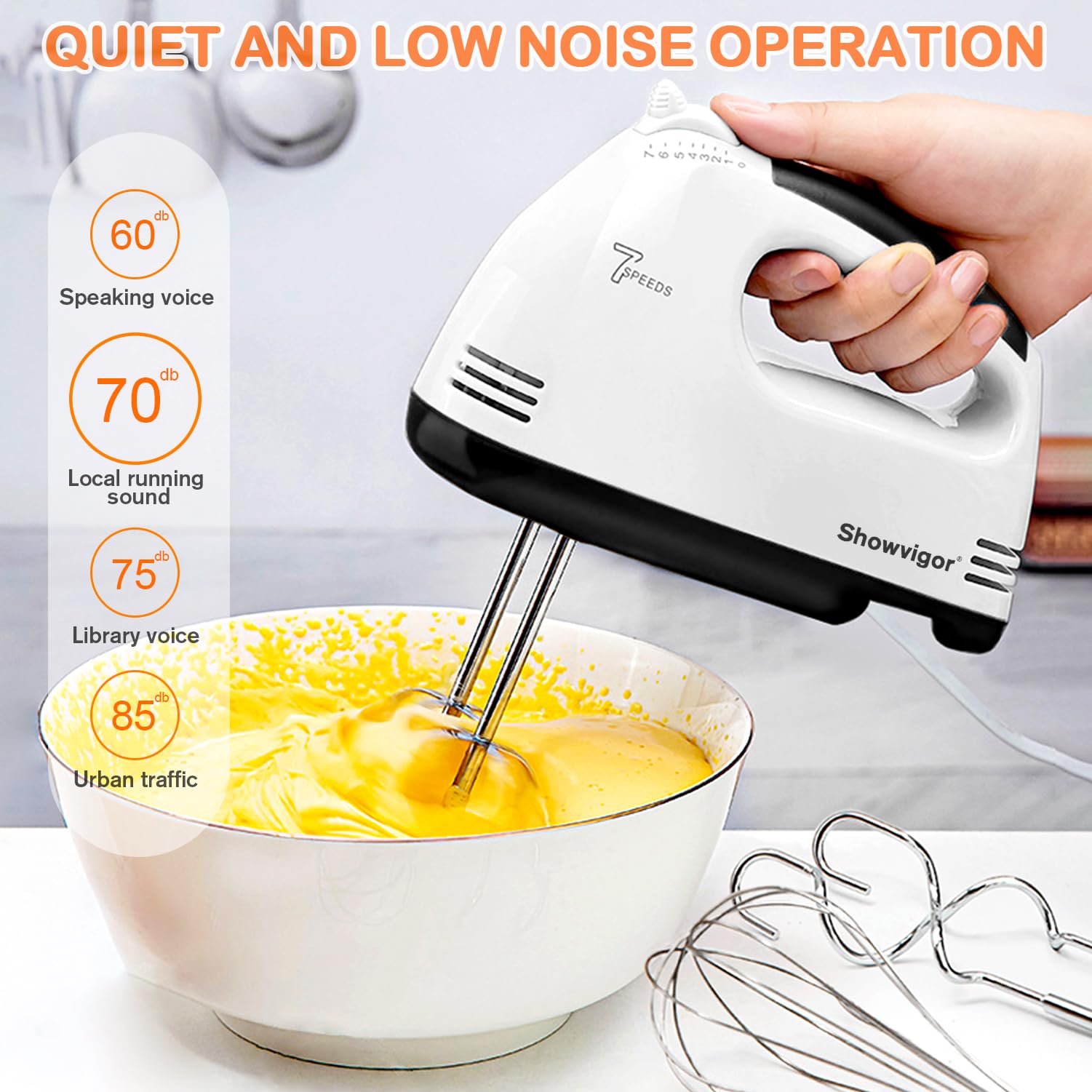 Showvigor 7-Speed Hand Mixer, 5-Piece Set, 2 Stainless Steel Dough Hooks, 2 Stirrers, 1 Traditional Whisk, Hand Mixer Electric Handheld for Stirring Meat, Dough, Eggs, Dishwasher Safe(White)