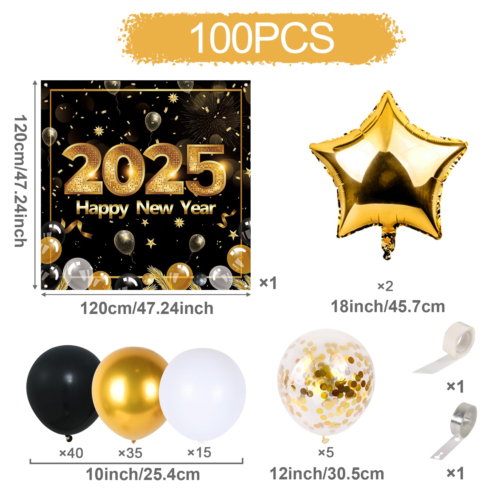 Happy New Years Eve Party Supplies 2025,New Years Decorations Black and Gold Confetti Balloon Garland Arch Kit Happy New Year Backdrop Banner for New Year Party Anniversary Retirement Graduation