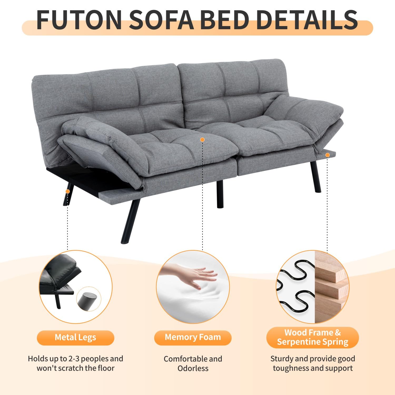 MUUEGM Futon Sofa Bed Couch，Memory Foam Futon Convertible Sofa Bed, 71″Fabric Futon with Convertible Backrest,Modern Loveseat Sofa,Sleeper Couch for Compact Space,Apartment,Living Room,Light Grey