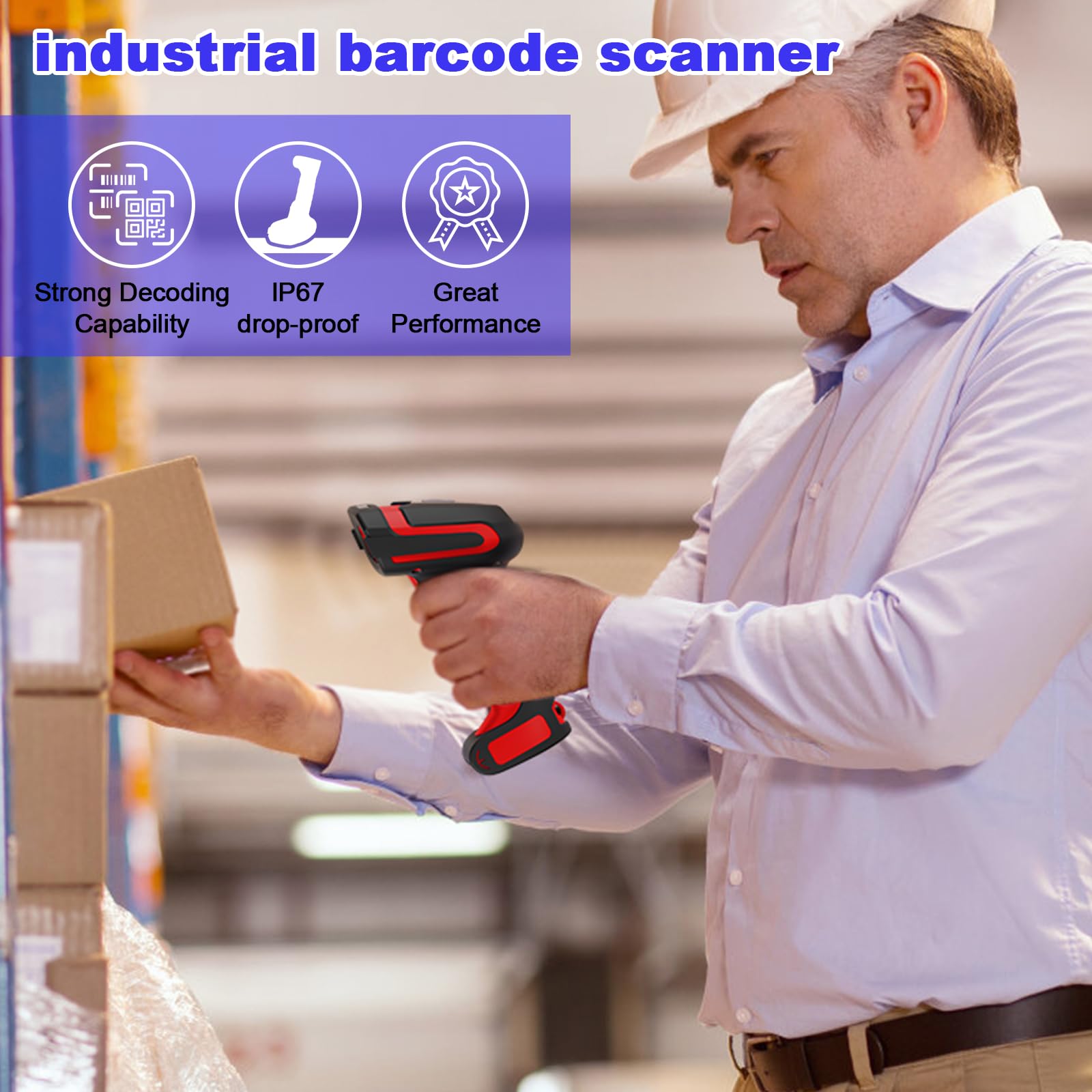 Industrial 2D Bluetooth Barcode Scanner with Charging Base,Bluetooth & 433MHz Wireless 2-in-1 1968ft Transmission Distance,Auto-scanning Available,Support on DPM Code