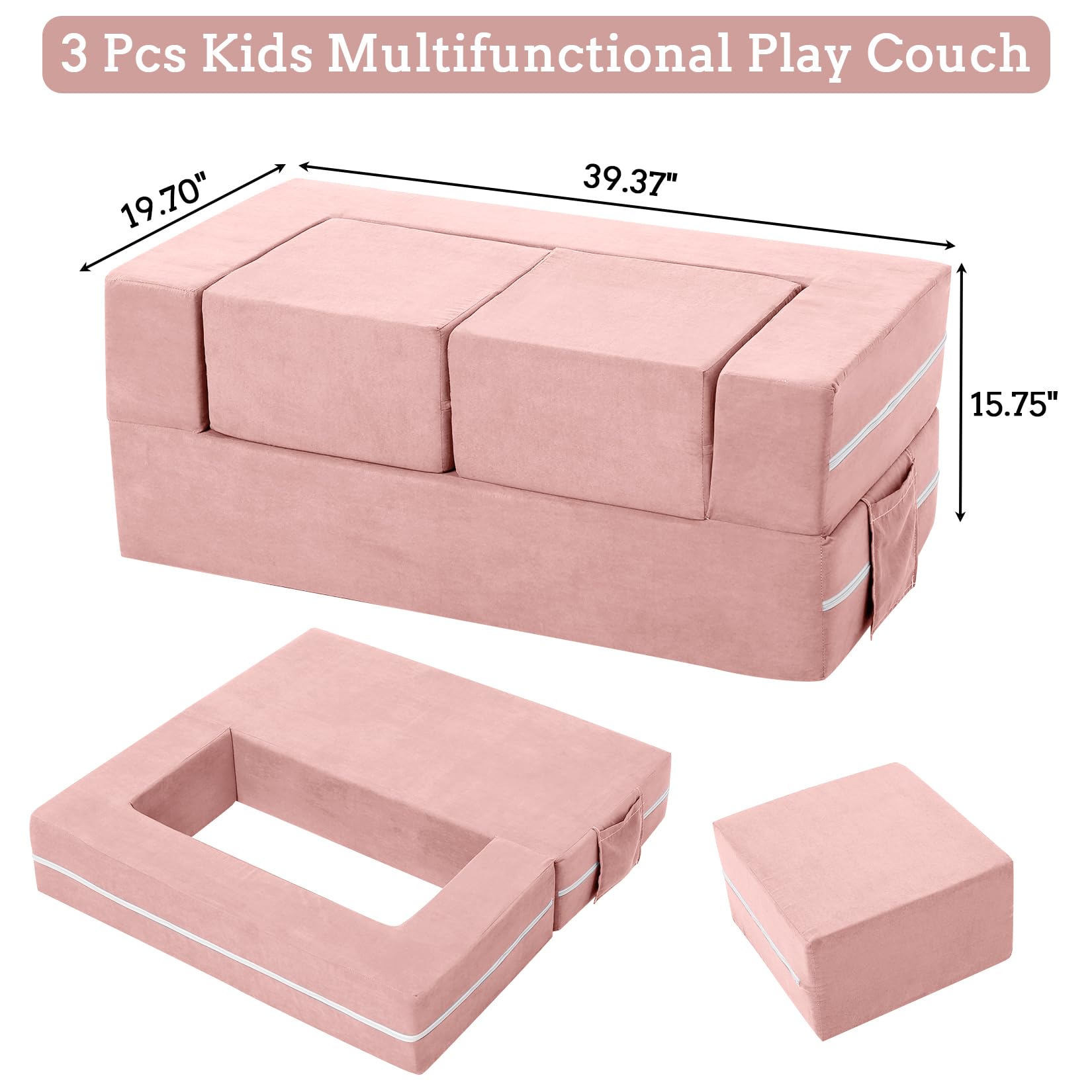 GarveeHome Kids Play Couch, 3Pcs Modular Kids Couch Toddler Couch for Playroom Bedroom Furniture, Convertible Foam Kids Play Sofa with Removable Cover, Pink