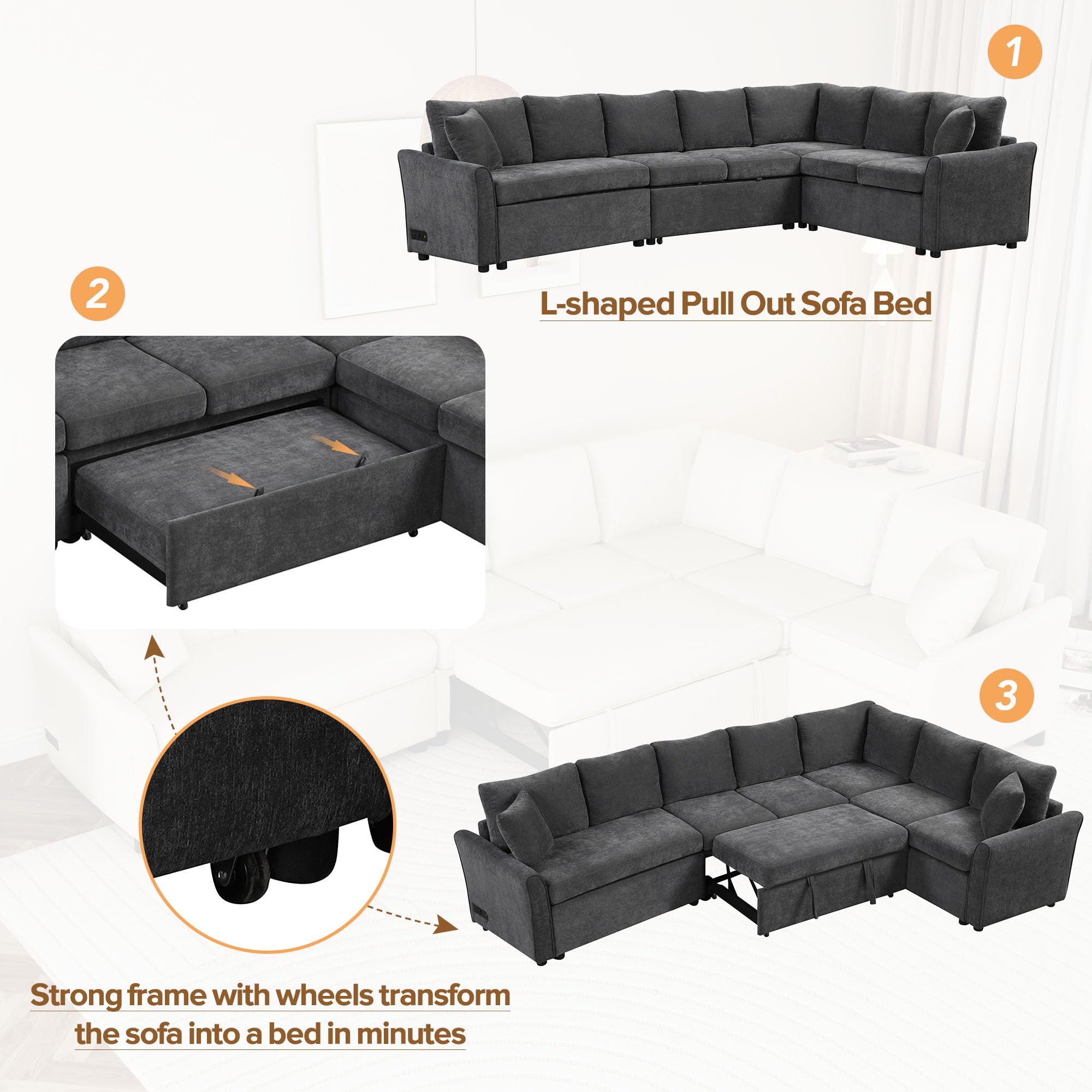 Livavege Convertible Sleeper Sectional Sofa with Pull-Out Bed and Storage Space & Ottoman, Armrest w/USB Ports & Cup Holders, Corner 6 Person L-Shape Couch for Living Room, Office, Apartment