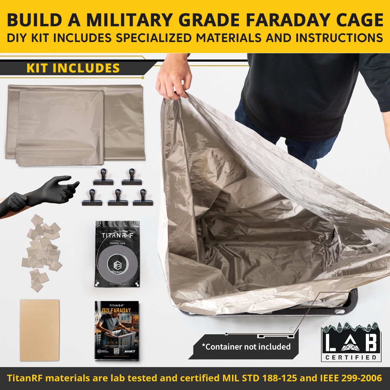 Mission Darkness TitanRF DIY Faraday Cage Kit // Build a Military-Grade Signal Blocking Container Liner with Included Faraday Fabric, Tape, Instructions & Accessories // Fits Inside 27-Gallon Tote