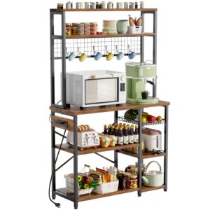 roomtec baker's rack with power outlet, microwave stand with storage, kitchen free standing baker racks and shelves with 6 s-shaped hooks