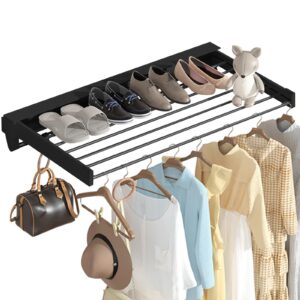 laundry drying rack collapsible, wall mounted retractable clothes rack 33" long 14" wide, capacity 30 pounds 99.99% aluminum rods, space saving drying rack with laundry hooks