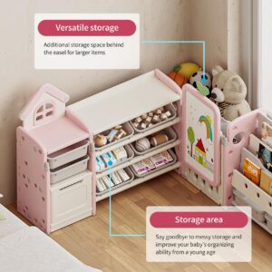 UNICOO Kids Multifunctional Toy Storage Organizer with 3-Tier Bookshelf, Storage Rack & Drawing Board, Flexible & Versatile L Shaped Organizer for Nursery, Playroom, Study Room (Pink)