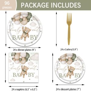 96PCS We Can Bearly Wait Bear Gender Neutral Baby Shower Party Supplies Serves 24, Includes Plates, Napkins, Forks, Green Boho Brown Teddy Bear for Girls Boys Birthday Baby Shower Party Supplies