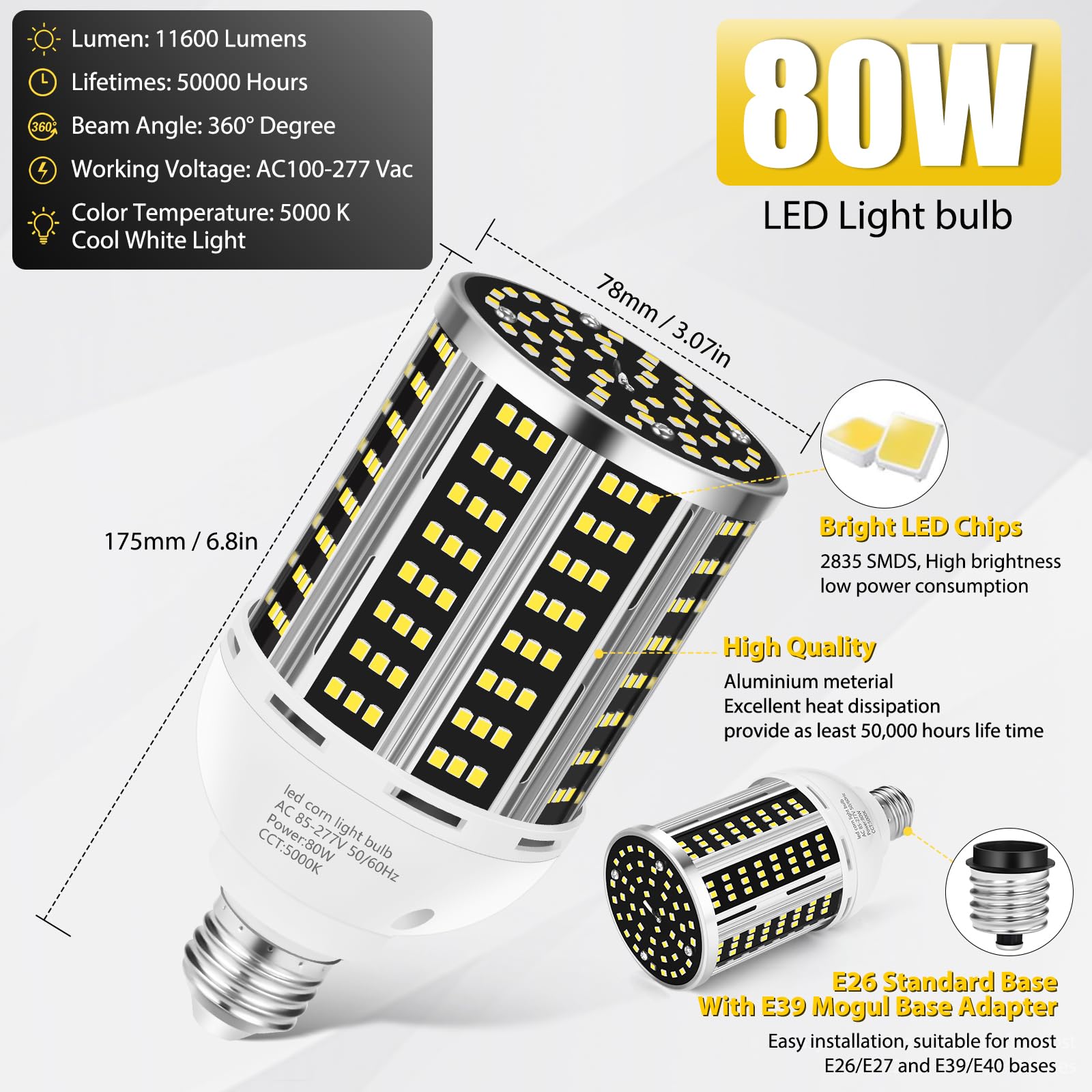 80W 2 pack LED Corn Light Bulb(800W Equivalent ),Commercial Grade DayLight 5000K E26/E39 10500LM Medium Mogul Base LED Lamp,Large Area Lights For Outdoor Indoor Garage Warehouse Factory Bay Light