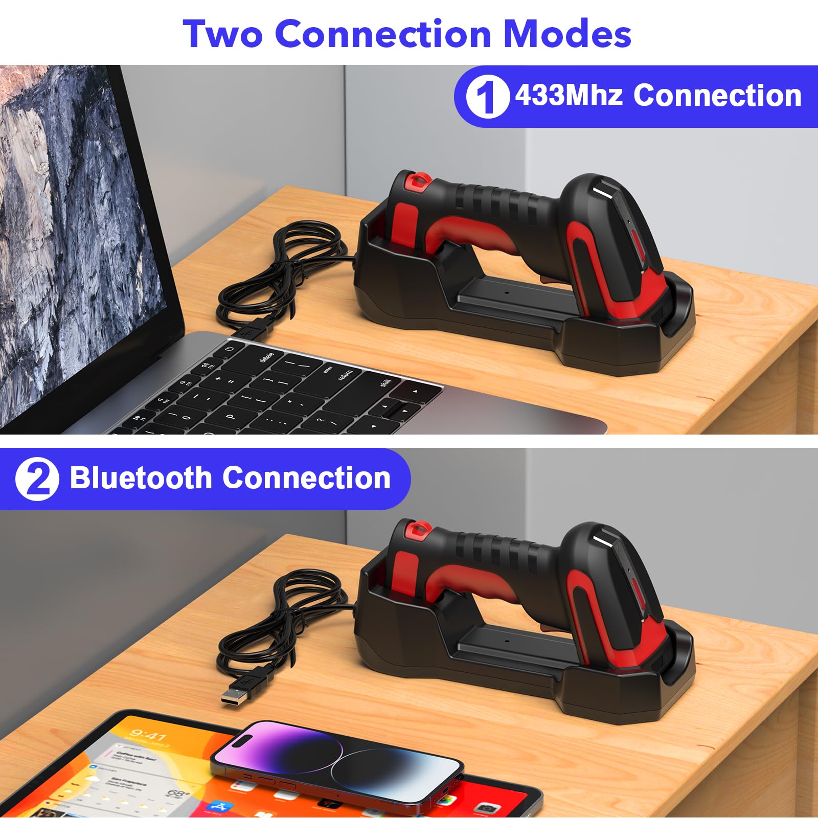 Industrial 2D Bluetooth Barcode Scanner with Charging Base,Bluetooth & 433MHz Wireless 2-in-1 1968ft Transmission Distance,Auto-scanning Available,Support on DPM Code