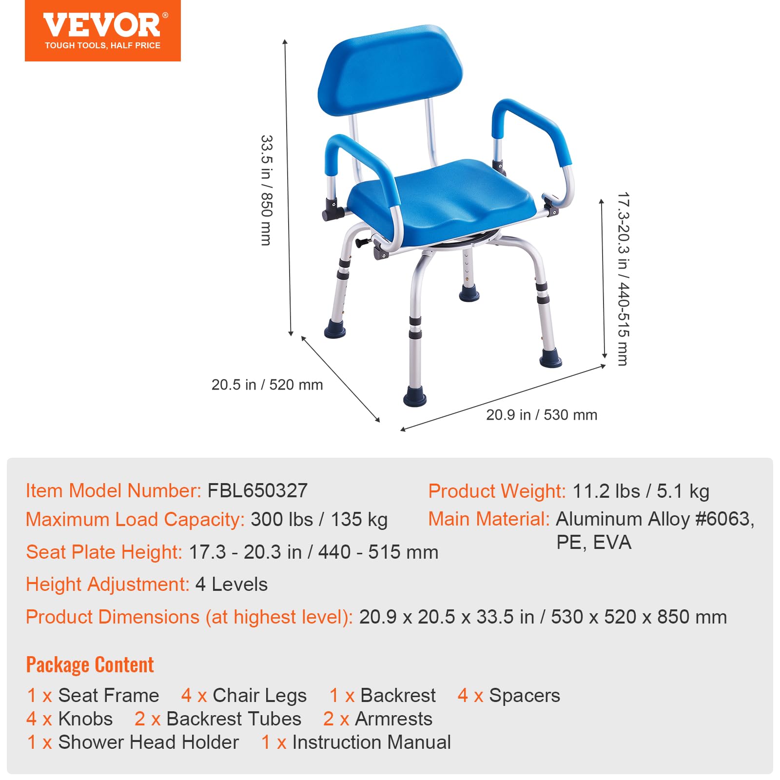 VEVOR Swivel Shower Chair 360 Degree, Adjustable Shower Seat with Pivoting Arms & Padded Bath Seat for Inside Shower or Tub, Non-Slip Rotating Bathtub Chair for Elderly Disabled, 300LBS Capacity