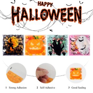 HiloPack 4"x4" Halloween Treat Bags - 50Pcs Self Adhesive Cookie Bags Halloween Candy Bags Halloween Goodie Bags Trick or Treat Goodie Bags for Halloween Party Favor Supplies Decorations (Gift Bags)